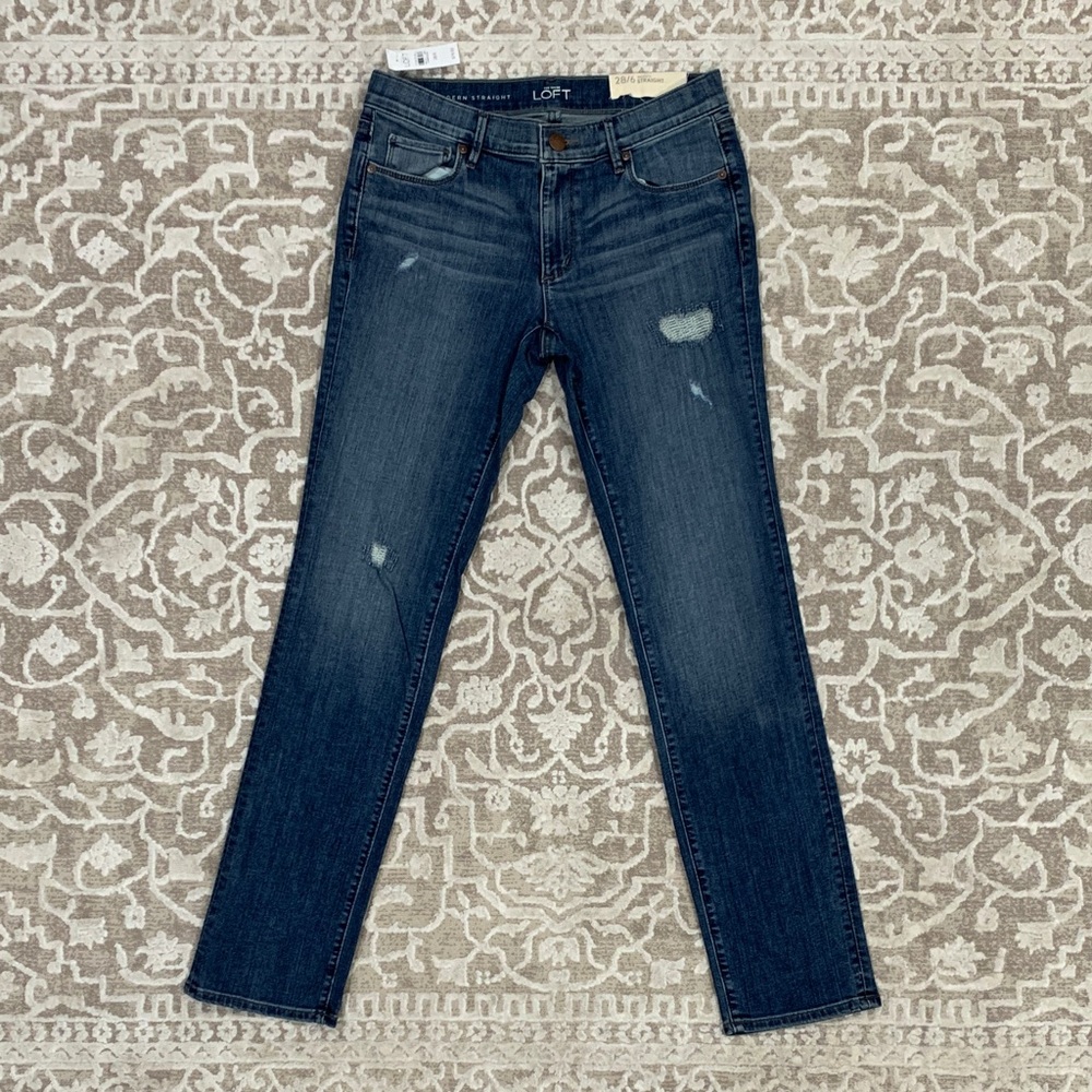 LOFT Dark Blue Distressed Straight Leg Jeans 6 NEW
